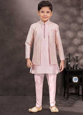 Light Pink Banarasi Silk Thread Sequins Kids Boys Indowestern Sherwani