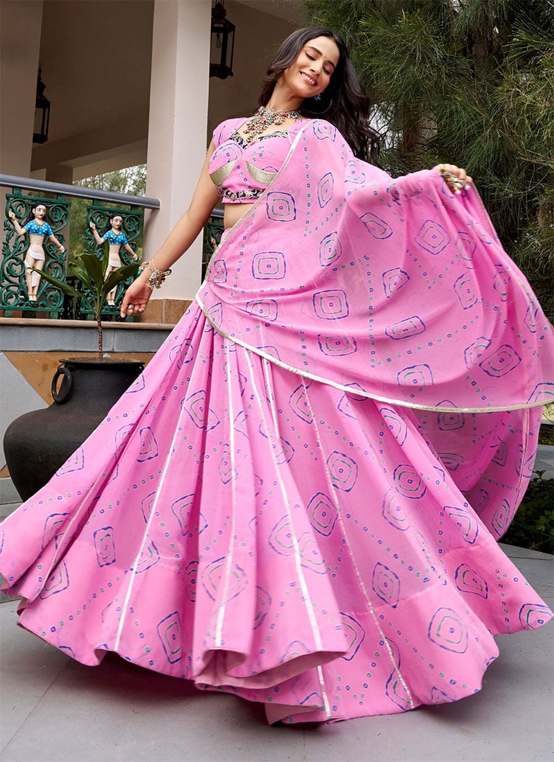 Light Pink Bandhej Print Gota Umbrella Lehenga Festive Wear