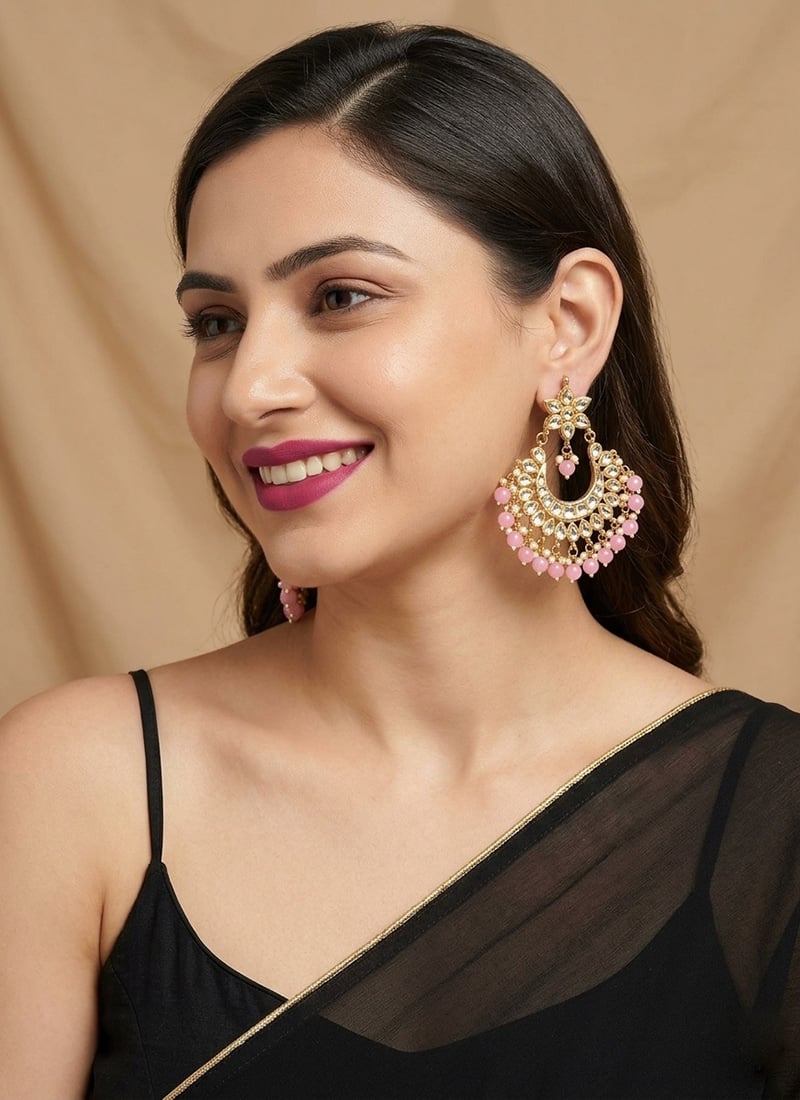 Light Pink Bead Crescent Kundan Chandbali After Six Wear