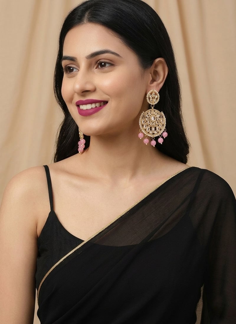 Light Pink Bead Round Floral Kundan Danglers After Six Wear