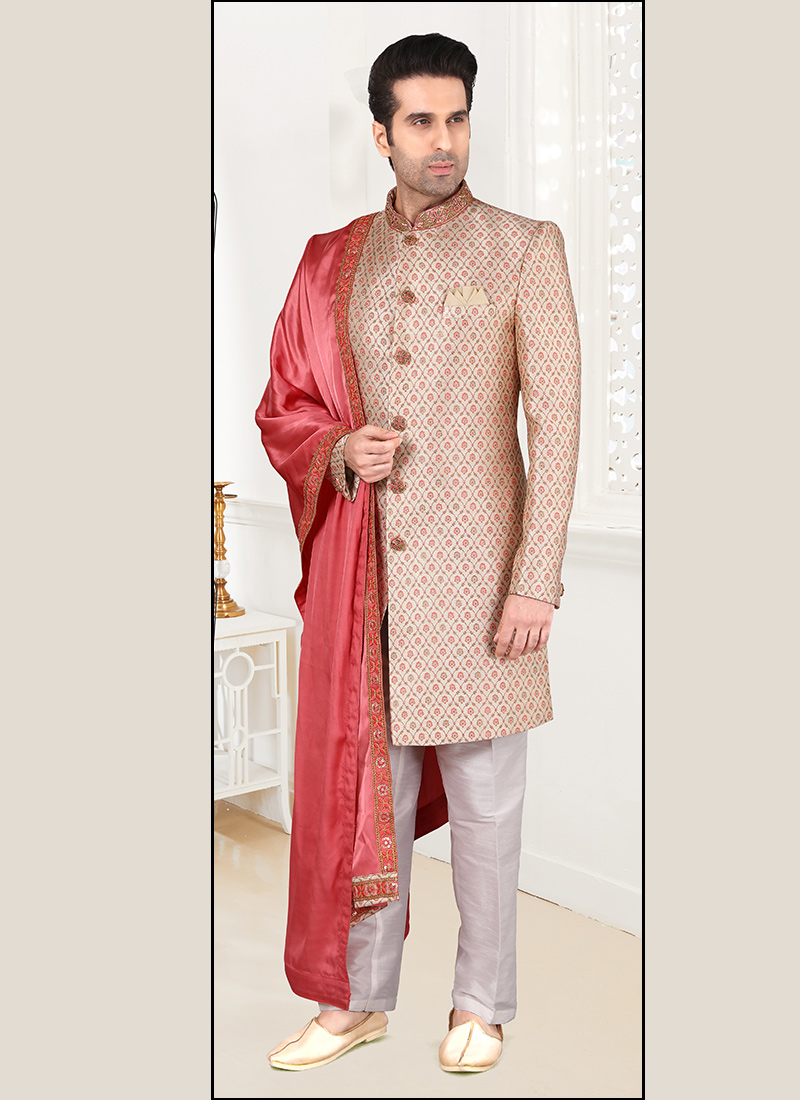 Light Pink Banarasi Brocade Classic Sherwani Wedding Wear