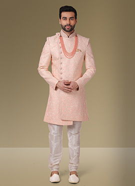 Onion Pink Banarasi Silk Embroidered Angrakha Sherwani