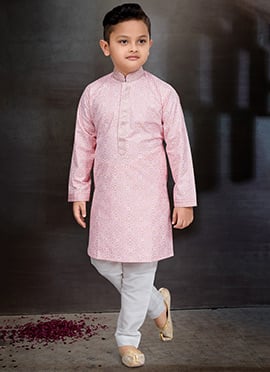 Light Pink Blended Cotton Printed Kids Boys Kurta Pyjama