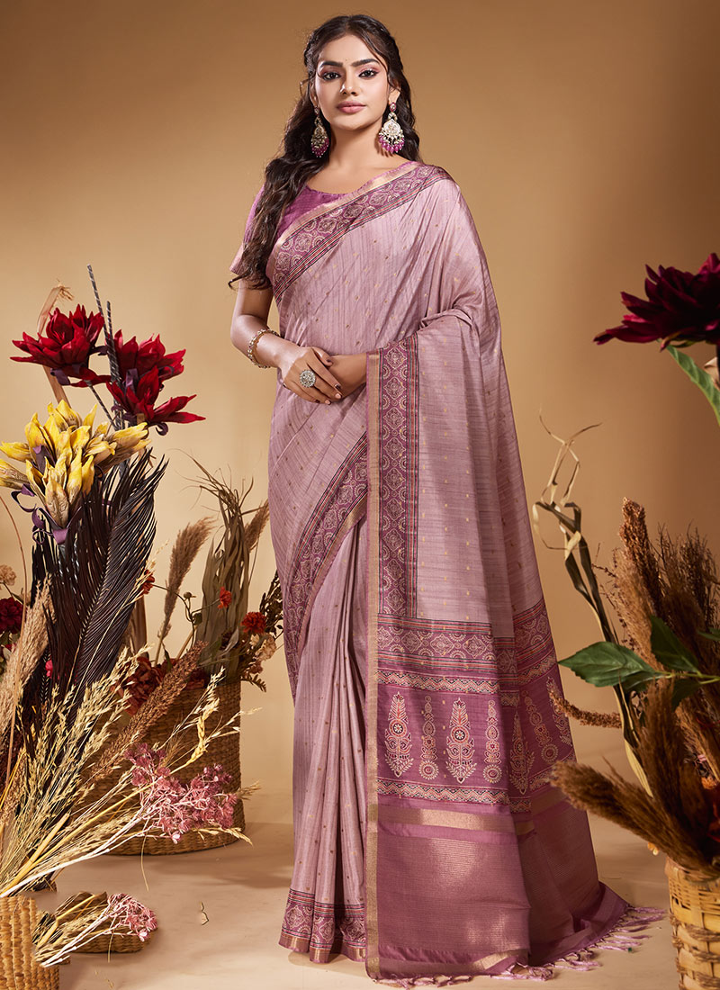 Light Pink Butti Tussar Silk Jacquard Zari Saree Festive Wear