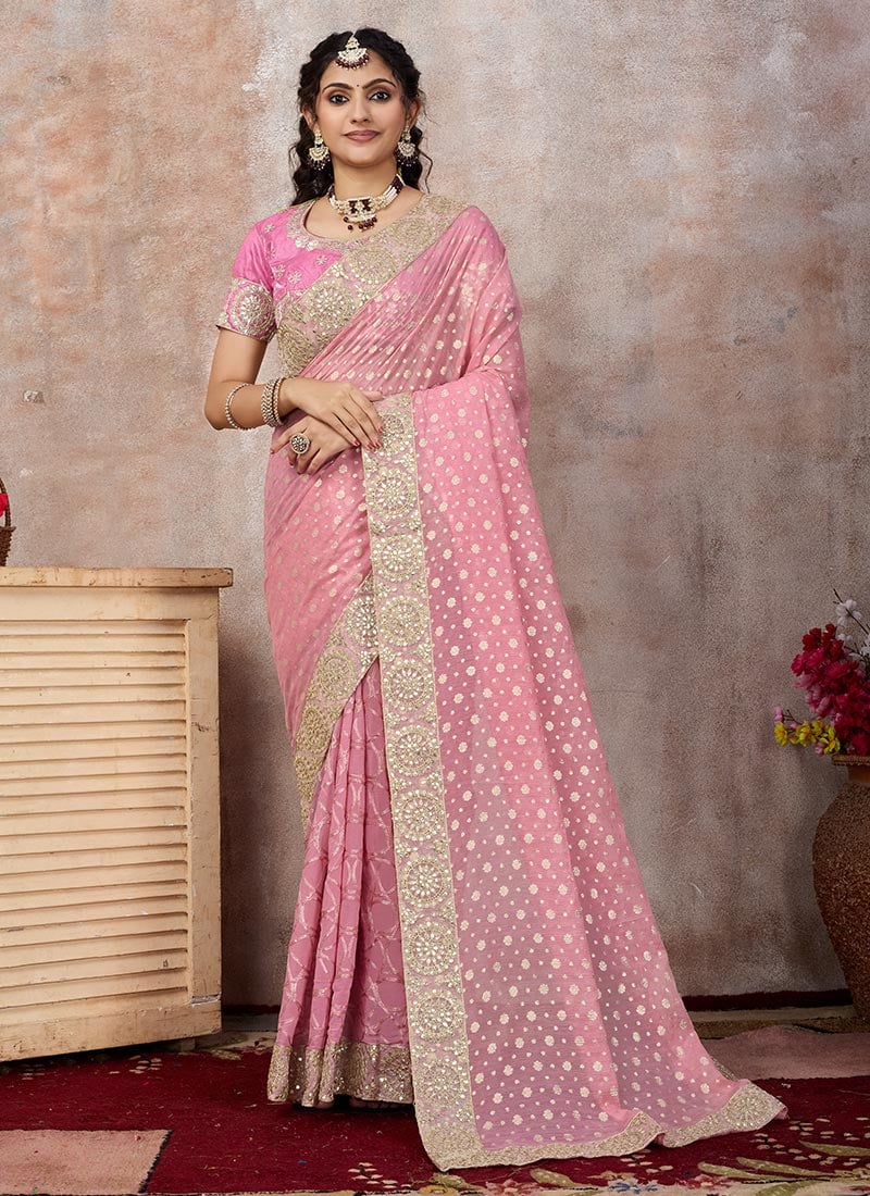 Light Pink Chanderi Georgette Embroidered Saree Party Wear