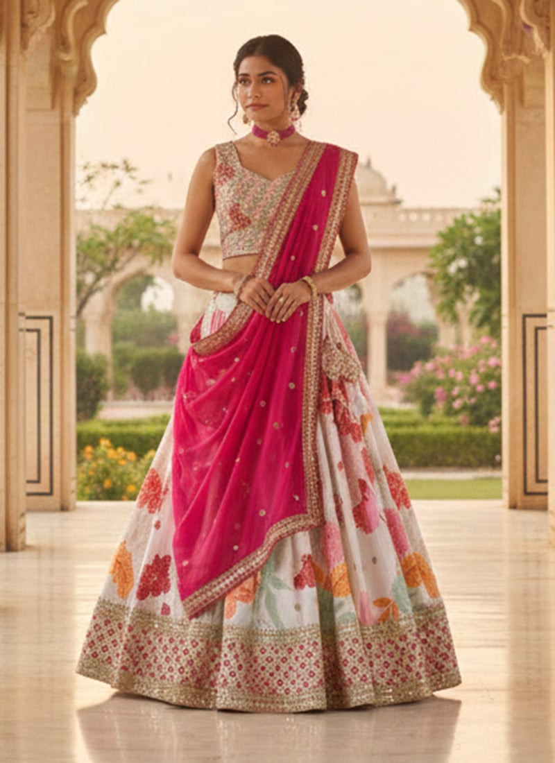 Light Pink Chinon Embroidered Digital Print Lehenga  Wedding Wear