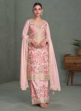 Light Pink Chinon Silk Embroidered Sequins With Mirror Work Pakistani Palazzo Suit