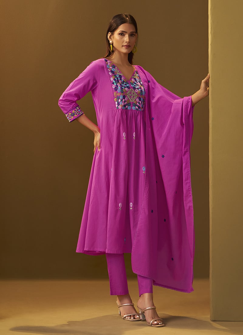 Light Pink Cotton Embroidered Thread Straight Pant Suit After Six Wear