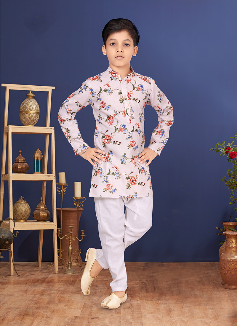 White Cotton Printed Boys Kurta Pyjama