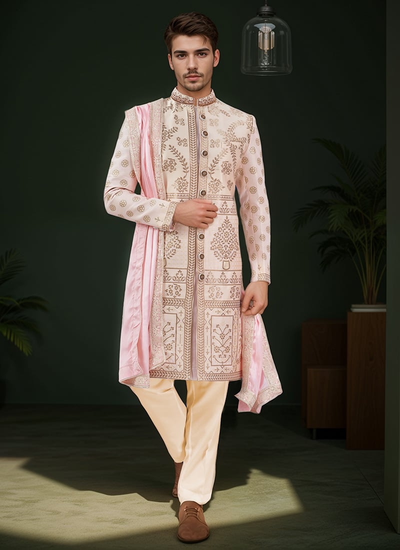 Light Pink Cotton Silk Jacquard Classic Sherwani Wedding Wear