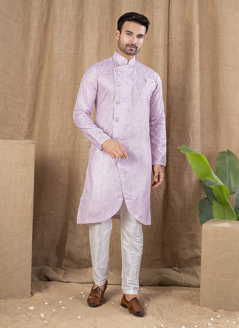 Light Pink Cotton Silk Printed Indowestern Sherwani Festive Wear