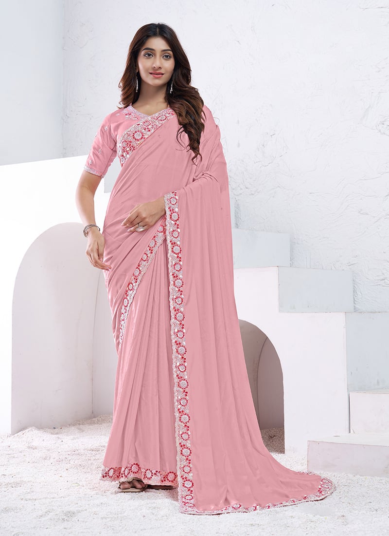 Light Pink Crepe Silk Embroidered Sequins Saree