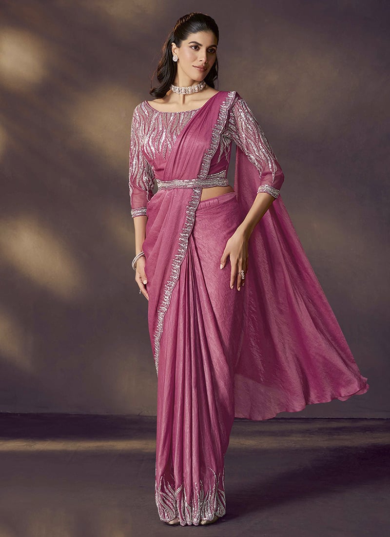 Light Pink Crush Satin Silk Hand Embroidered Pre Draped Saree Wedding Wear