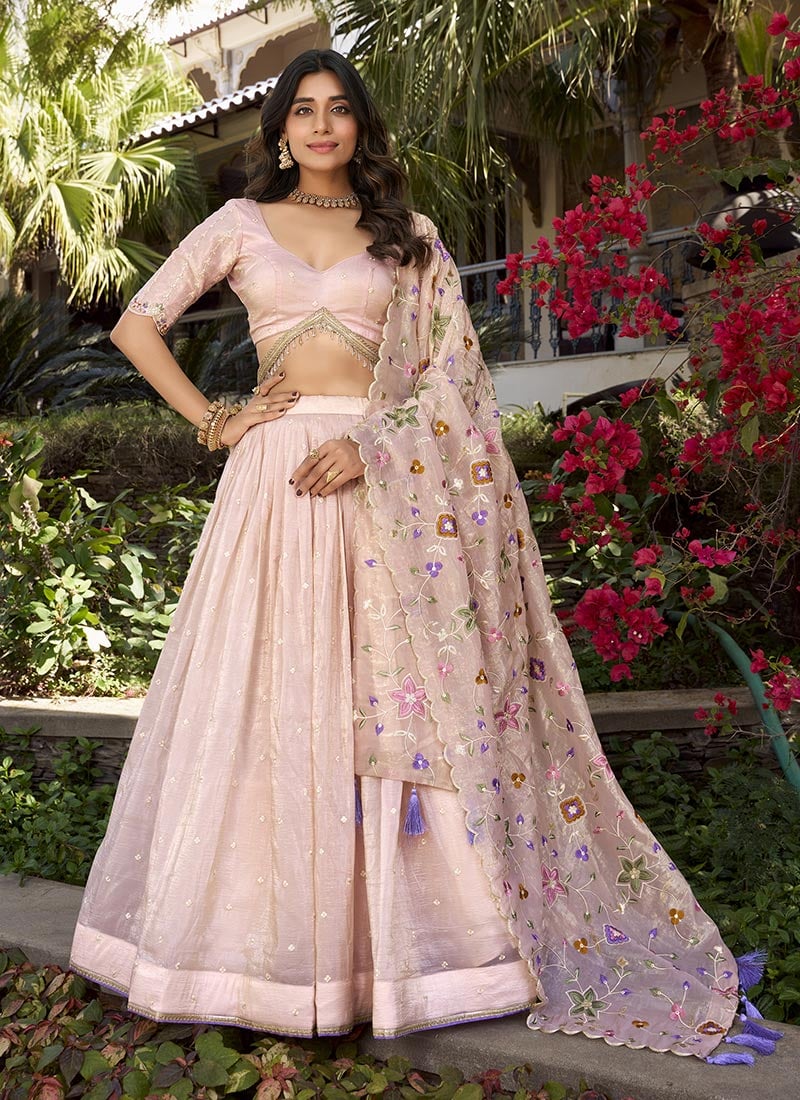 Light Pink Crush Silk Sequins Embroidered Umbrella Lehenga Festive Wear