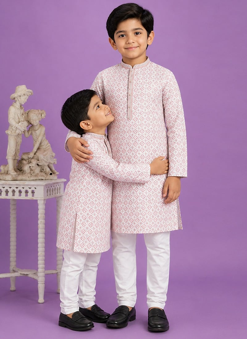 Light Pink Digital Print Kurta Cotton Kurta Pyjama For Kids Boys Festive Wear