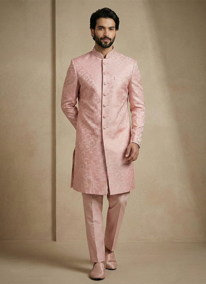 Light Pink Dornier Jacquard Indowestern Sherwani Wedding Wear