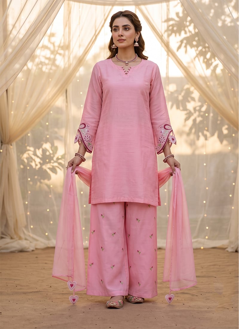 Light Pink Embroidered Chanderi Cotton Straight Suit Festive Wear