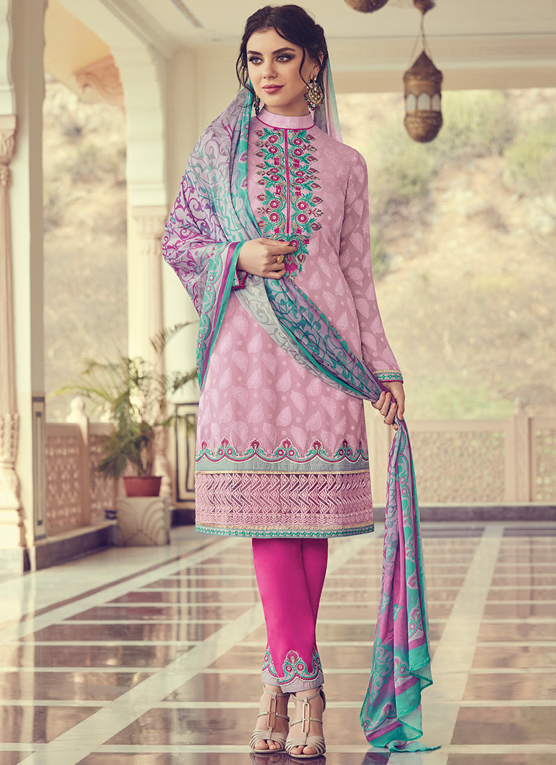 Buy Light Pink Embroidered Straight Pant Suit, Embroidered, straight
