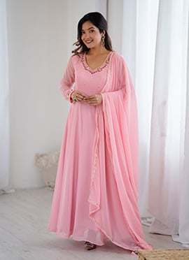 Light Pink Faux Georgette Embroidered With Beads Work Anarkali Suit
