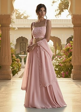Light Pink Faux Georgette Resham Sequins Work Lehenga
