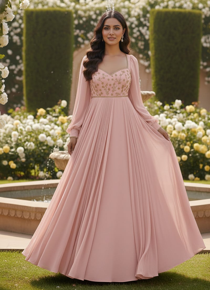 Light Pink Faux Georgette Sequins And Zari Anarkali Suit Festive Wear