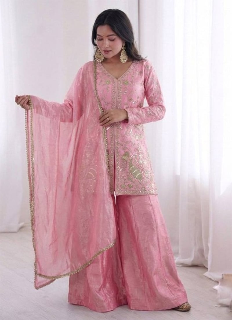 Light Pink Fendy Silk Embroidered Sequins Palazzo Suit Festive Wear