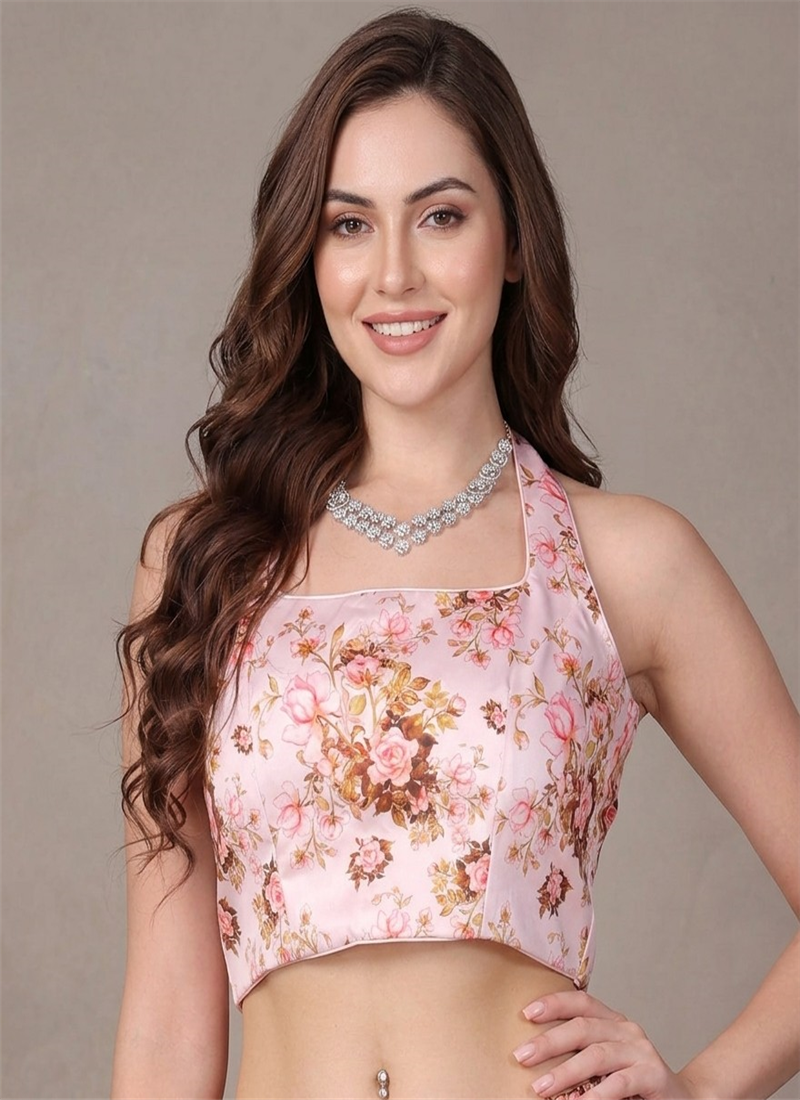 Light Pink Floral Taffeta Stretchable Blouse Festive Wear