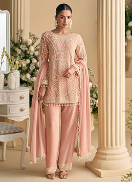Light Pink Georgette Beads Sequins Straight Pant Suit  Festive Wear