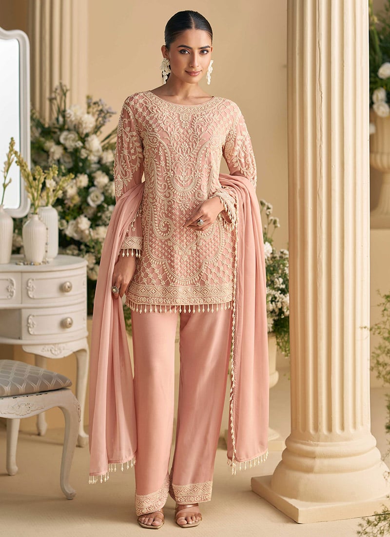Light Pink Georgette Beads Sequins Straight Pant Suit Festive Wear