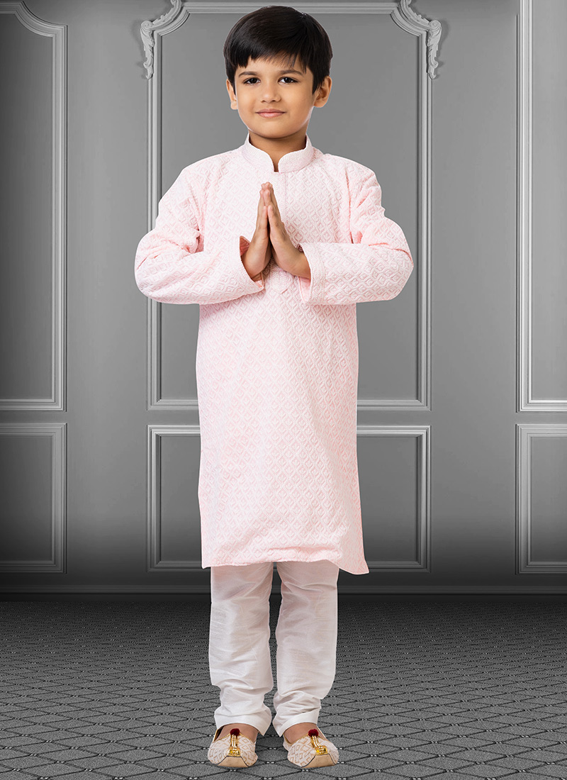 Light Pink Georgette Embroidered Boys Kurta Pyjama Party Wear