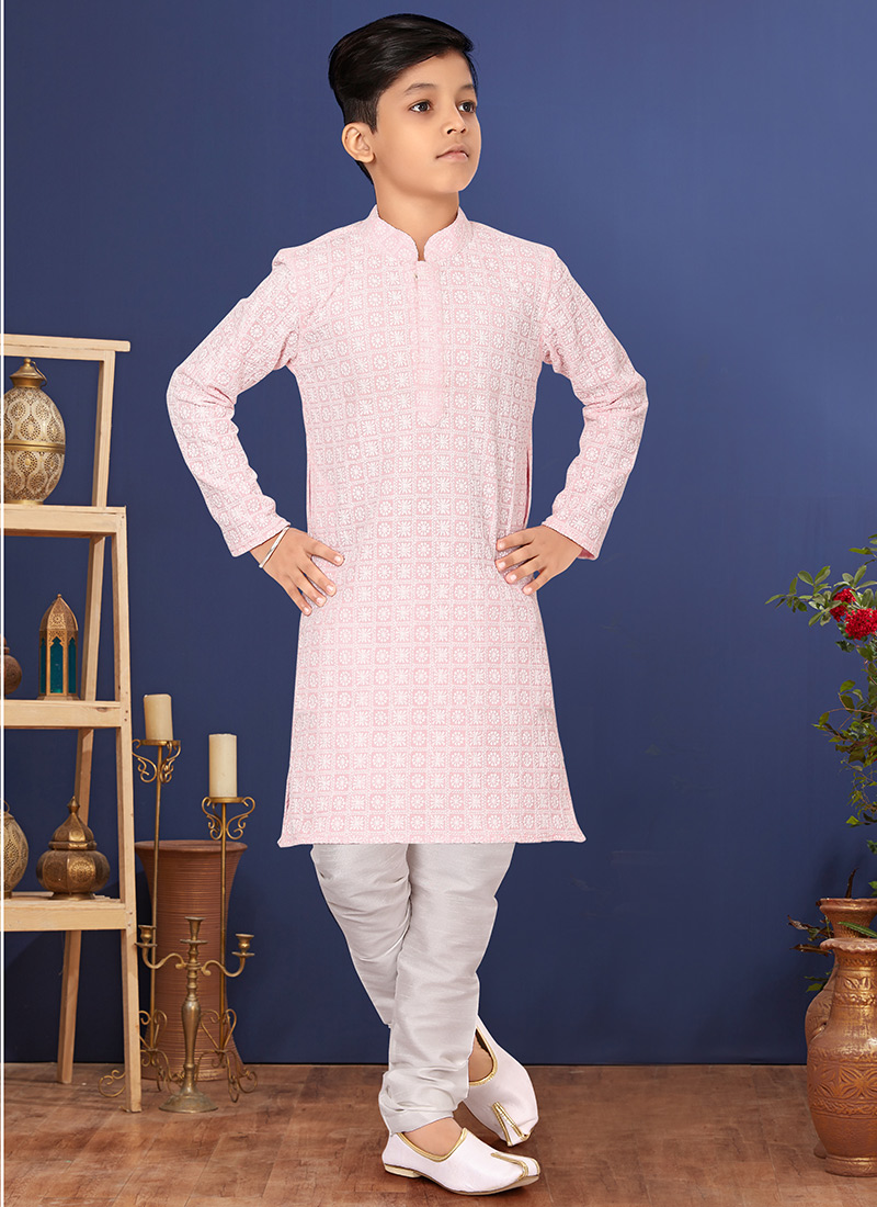Light Pink Georgette Embroidered Boys Kurta Pyjama