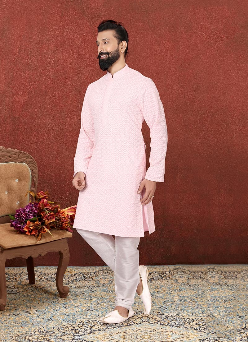 Light Pink Georgette Embroidered Kurta Pyjama Party Wear