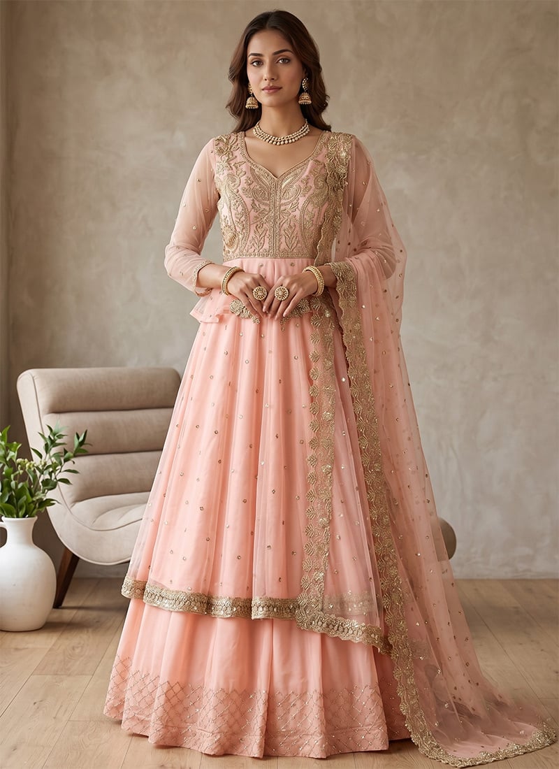 Light Pink Georgette Embroidered Sequins Anarkali Lehenga Suit Festive Wear