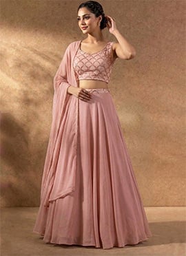 Light Pink Georgette Hand Embroidered Beads Work Lehenga Set