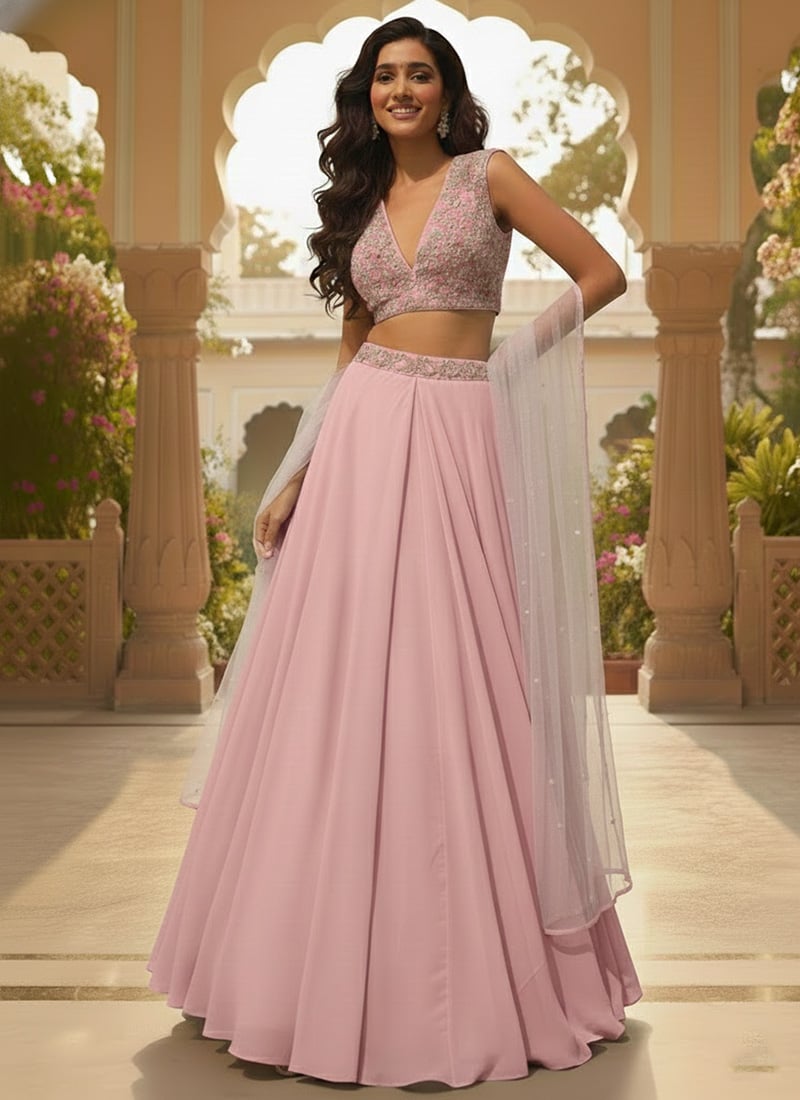 Light Pink Georgette Hand Embroidered Sequins Lehenga
