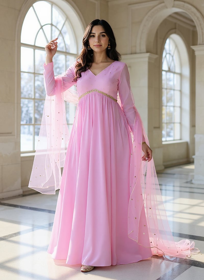 Light Pink Georgette Sequins Hand Embroidered Anarkali Suit Festive Wear