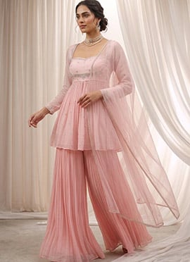 Light Pink Hand Embroidered Beads Cutdana Sequins Georgette Palazzo Suit