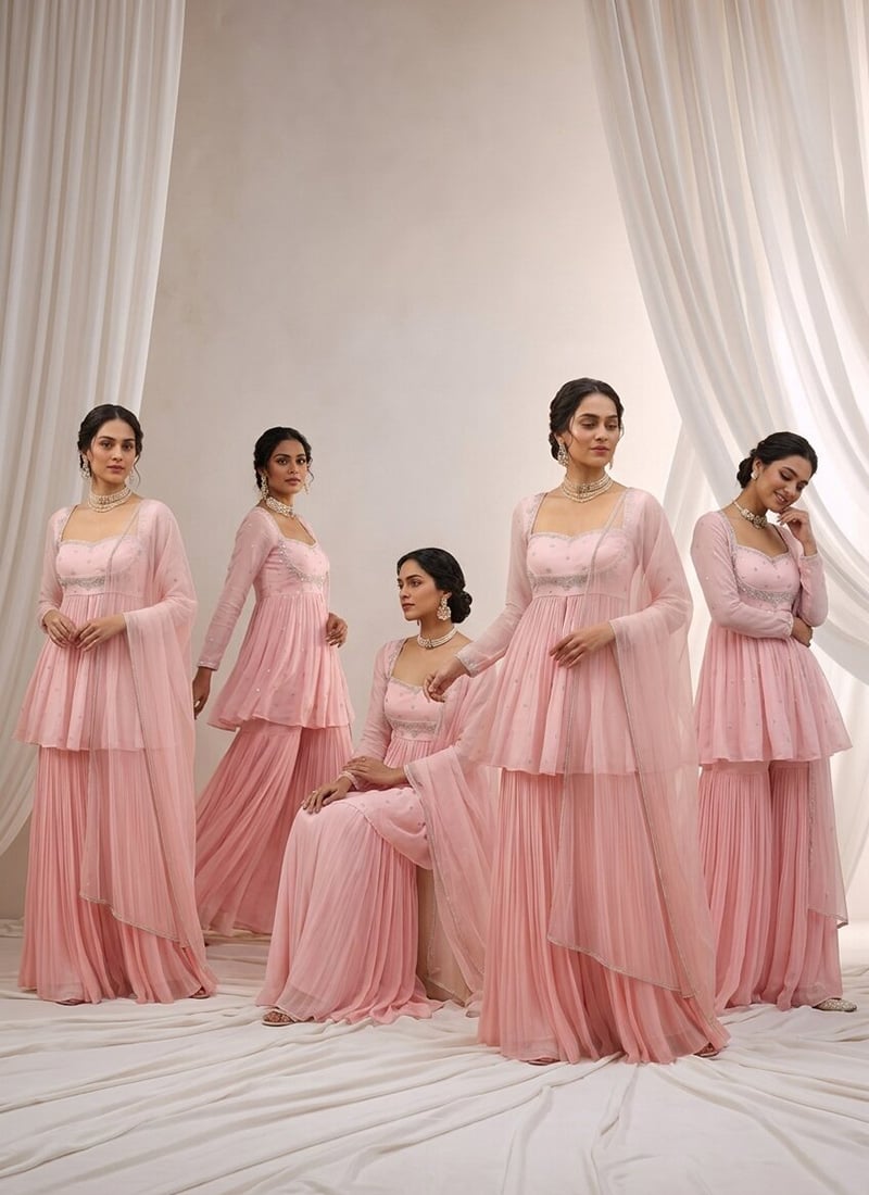 Light Pink Hand Embroidered Beads Cutdana Sequins Georgette Palazzo Suit Wedding Wear