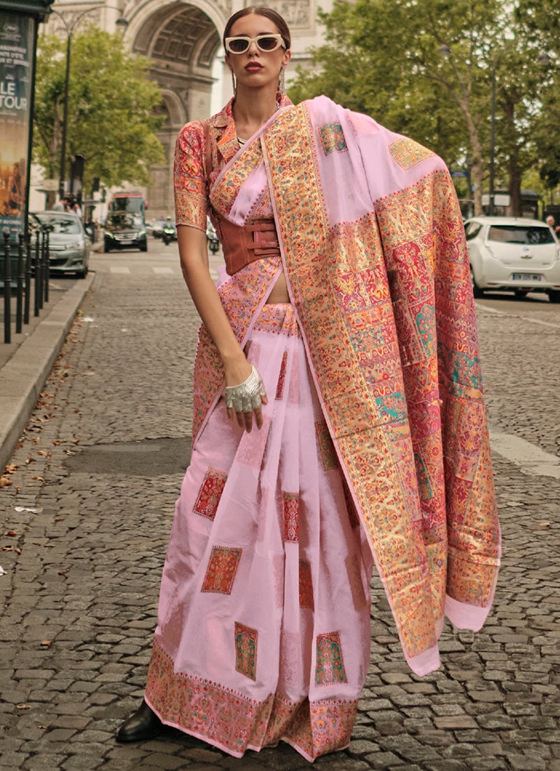 Light Pink Handloom Silk Woven Work Saree Festive Wear