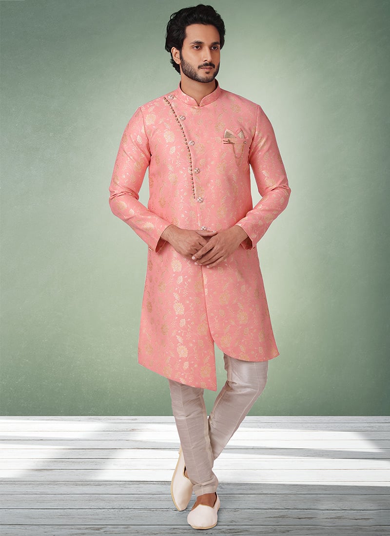 Light Pink Jacquard Silk Brocade Indowestern Sherwani Wedding Wear