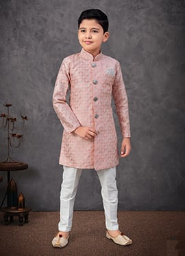Light Pink Jacquard Silk Embroidered Sequins Boys Indowestern Sherwani