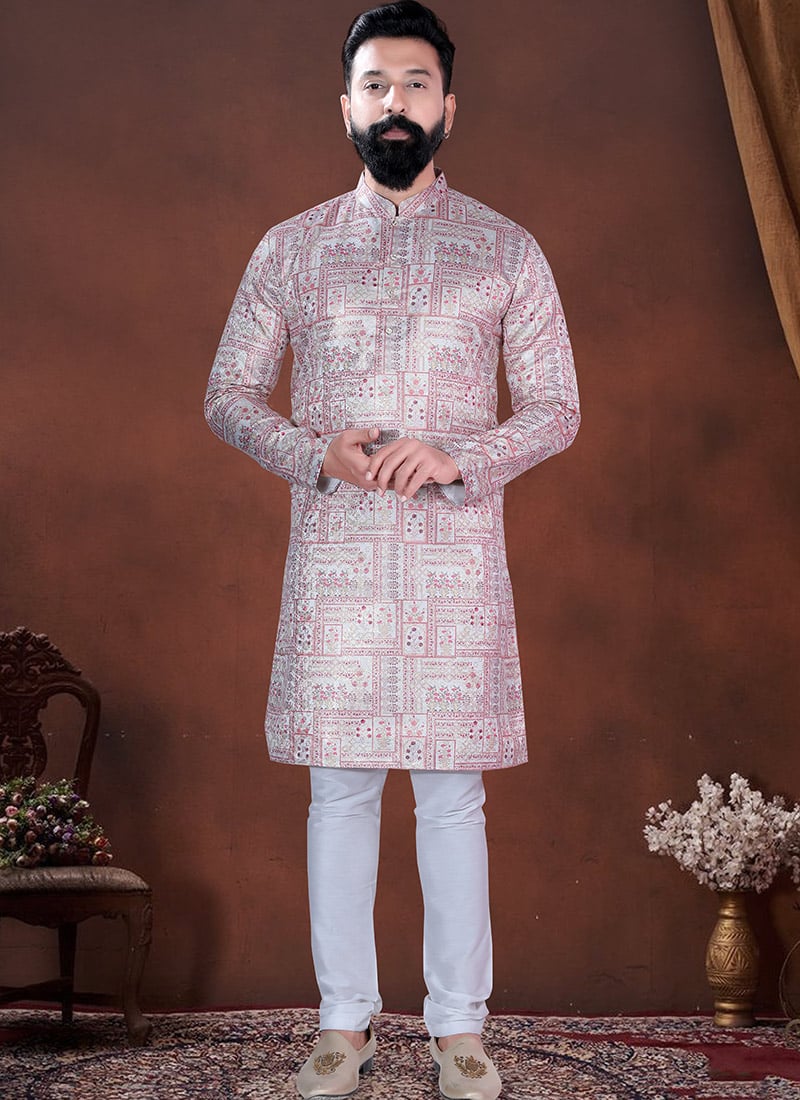 Light Pink Jacquard Silk Printed Kurta Pyjama Festive Wear
