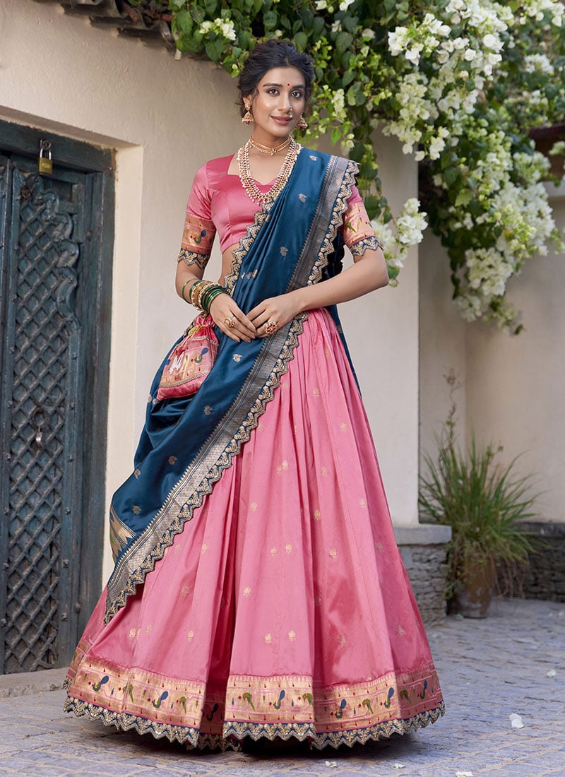 Light Pink Jacquard Silk Zari Embroidered Sequins Lehenga Festive Wear