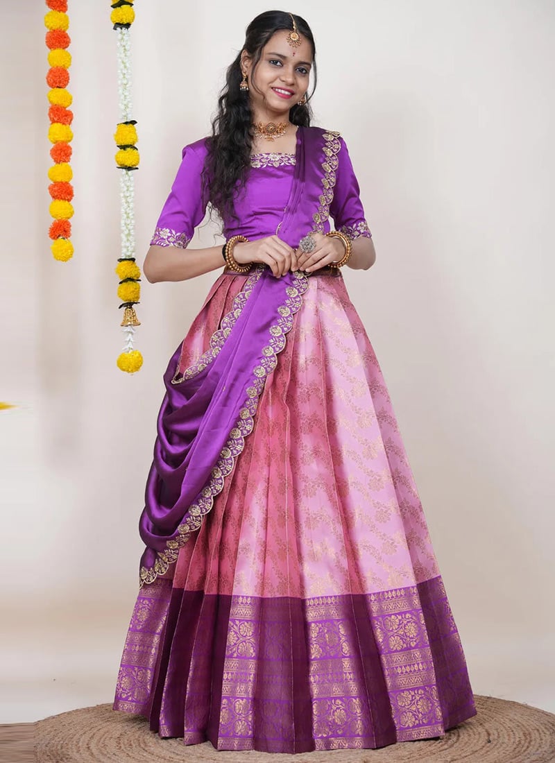 Light Pink Kanjivaram Silk Jacquard Zari Embroidered A Line Lehenga Festive Wear