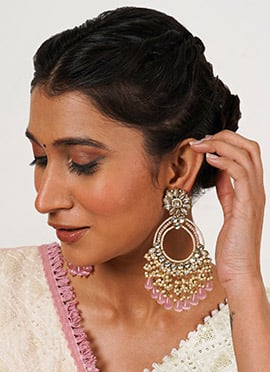 Light Pink Kundan With Beads And Moti Chaand Bali