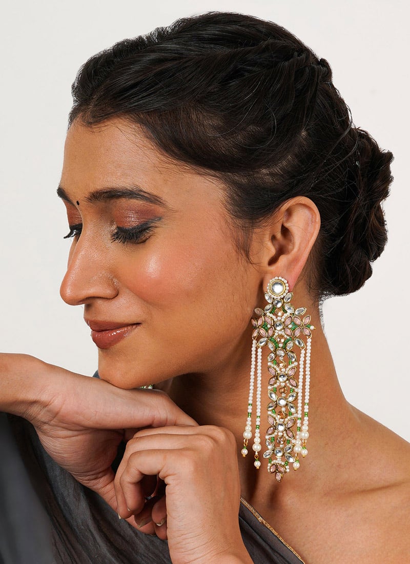 Light Pink Kundan With Beads Chandeliers Festive Wear