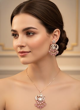 Light Pink Kundan With Stone And Beads Work Pendent Set