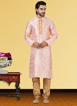Light Pink Linen Silk Zari Work Kurta Pyjama
