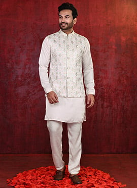 Light Pink Silk Zari Embroidered Bandi Set For Men