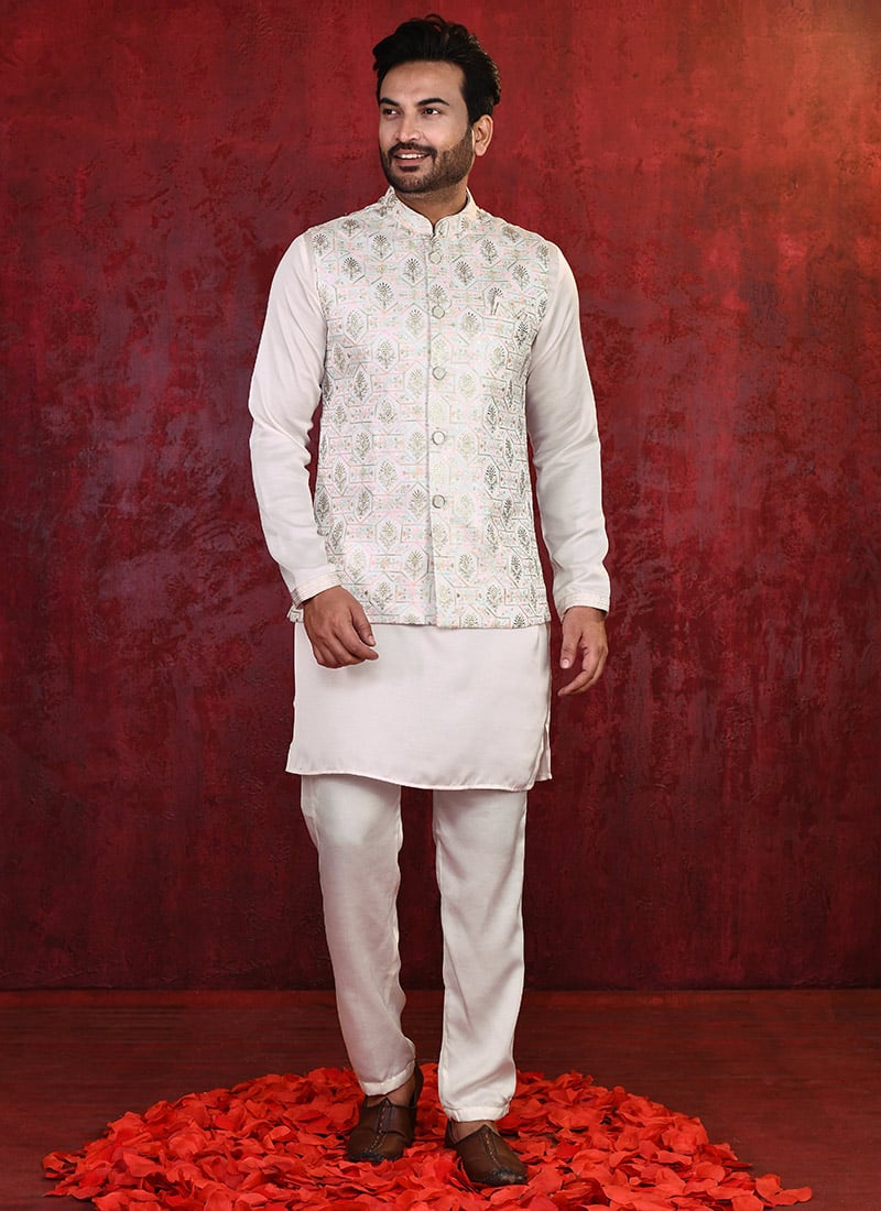 Light Pink Malai Silk Zari Embroidered Bandi Set For Men Festive Wear